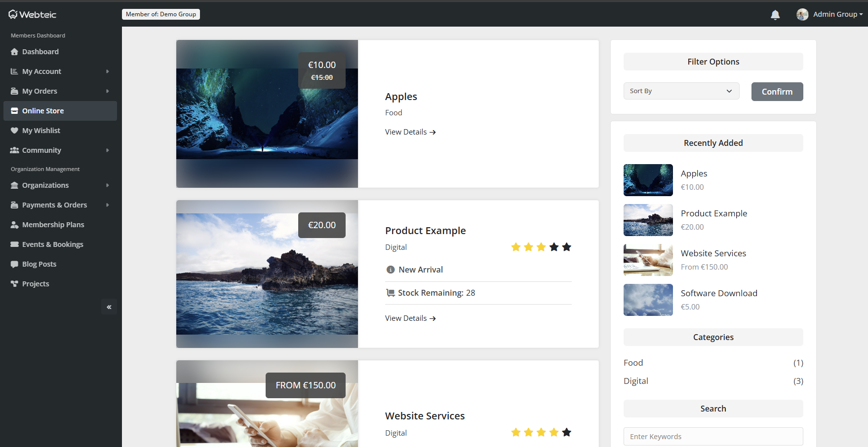 Webteic Populated member dashboard with profile/module navigation