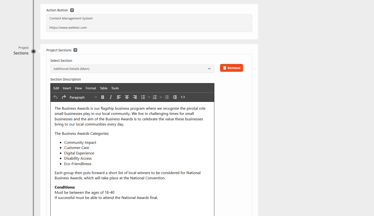 Webteic Project detail showing configurable sections and related projects