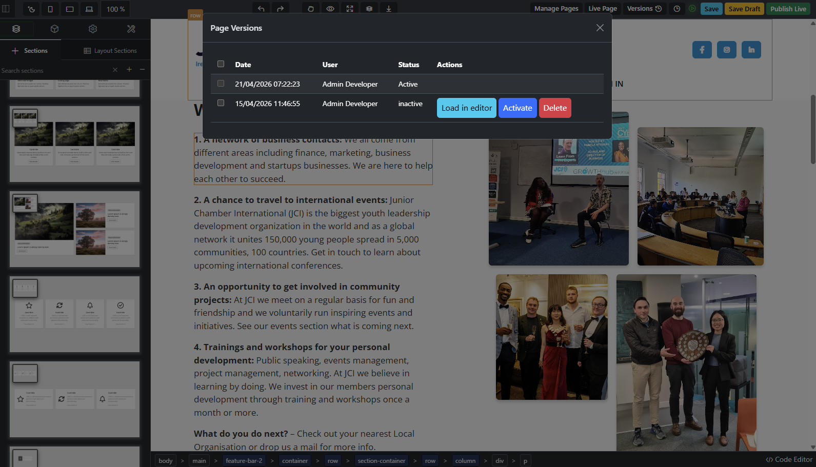 Webteic Saved sections / blocks selector in the frontend editor